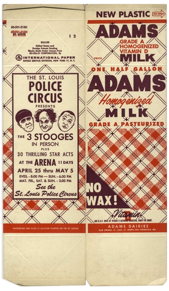 Unused Milk Carton Promoting ''The 3 Stooges In Person'' Presented by the St. Louis Police Circus -- Folded, Measures 12.5'' x 7.5'' -- Very Good Condition